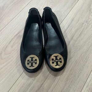 Tory Burch Black Reva Flats with Gold Emblem
